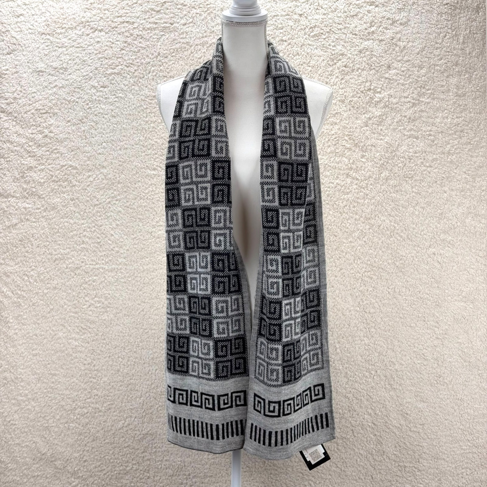 Inka's Fiber Open Scarf 100% Baby Alpaca 73"x9.5" Gray Black Greek Pattern Peru - Picture 2 of 8